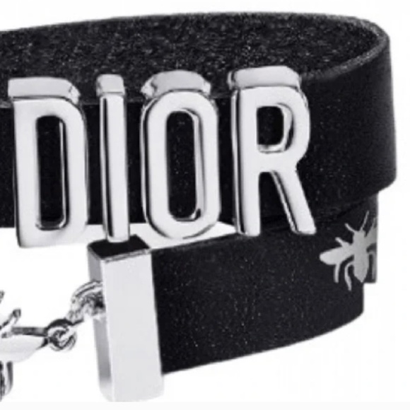 DIOR BEE CALFSKIN LEATHER BRACELET Double Wrap Black & Silver - Picture 5 of 15